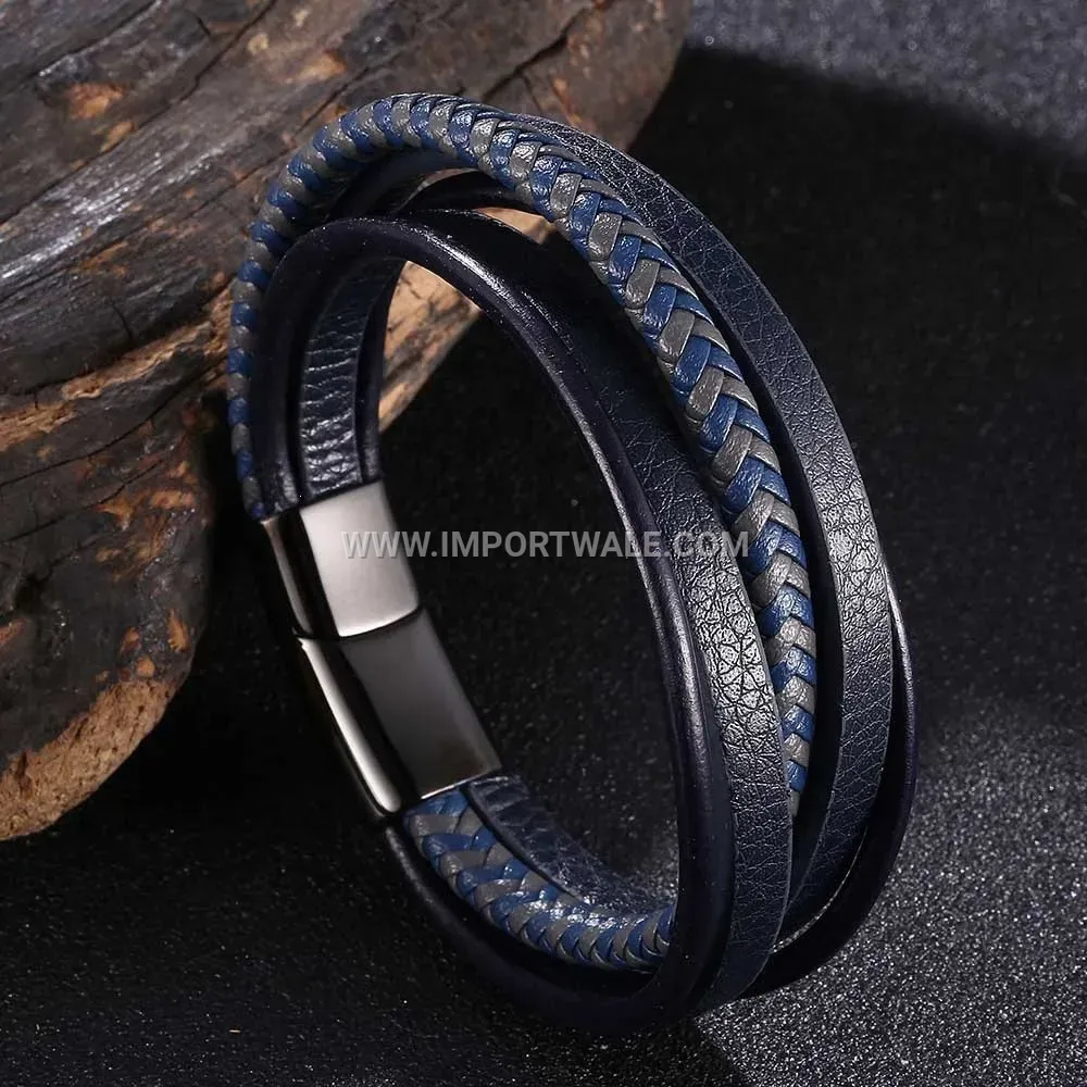 Handwoven Blue and Grey Leather Steel Bracelet with Black Clasp