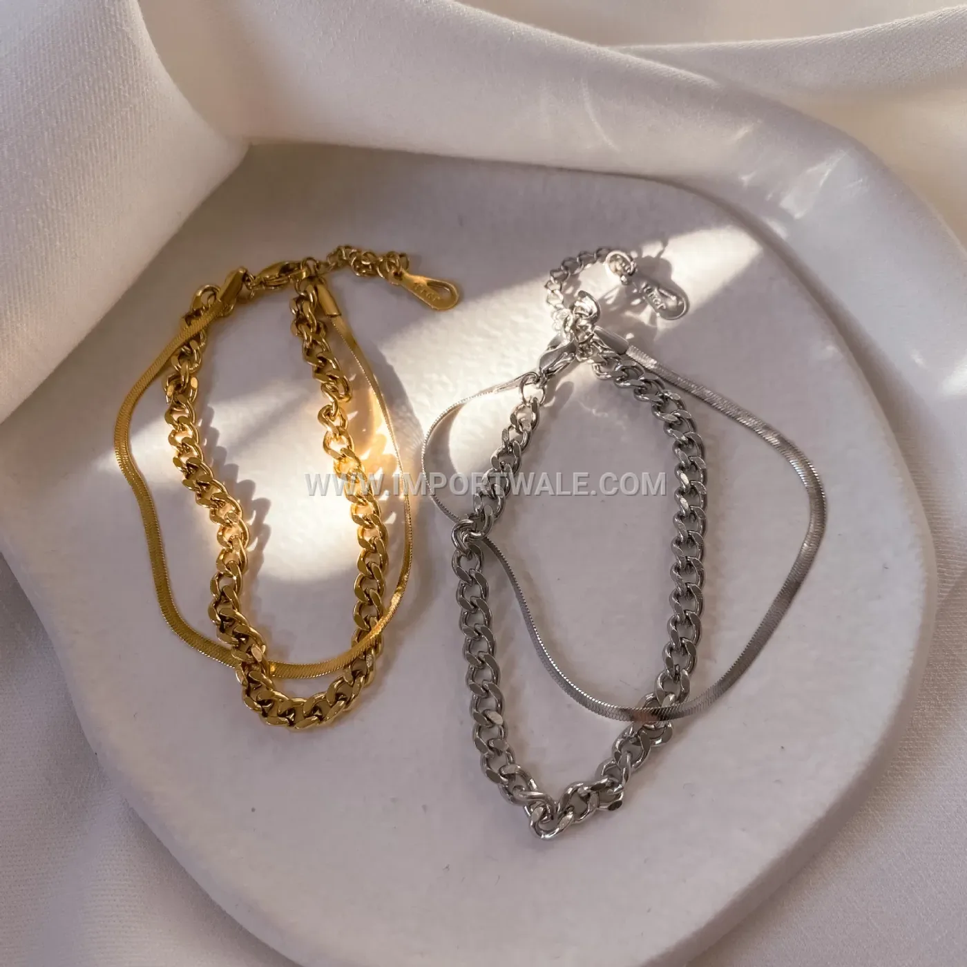 Layered Cuban and Flat Snake Chain Stainless Steel Bracelet