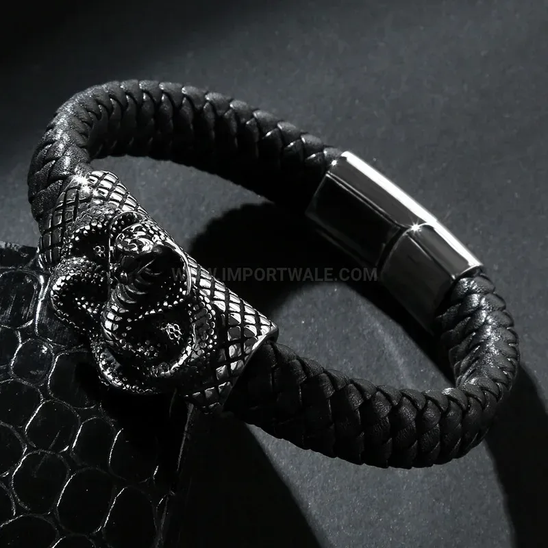 Modern Cobra Emblem Stainless Steel Genuine Leather Men Bracelet