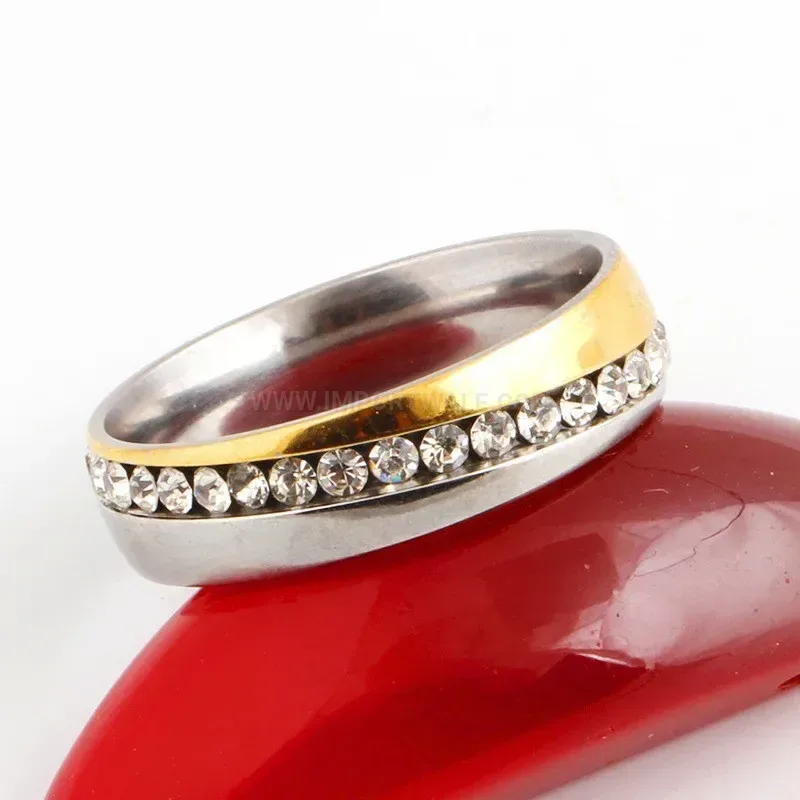 Vintage Two Tone Stainless Steel Band Ring with Cubic Zirconia Accent