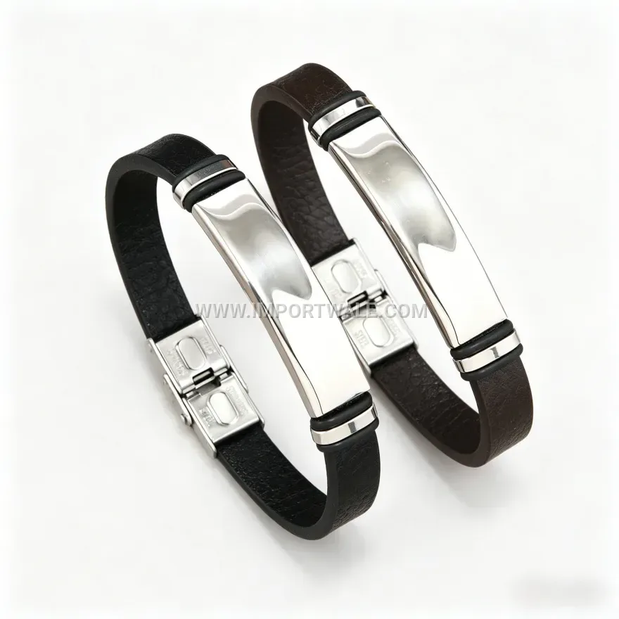 Smooth Leather Magnetic Clasp Bracelet with Alloy Accents