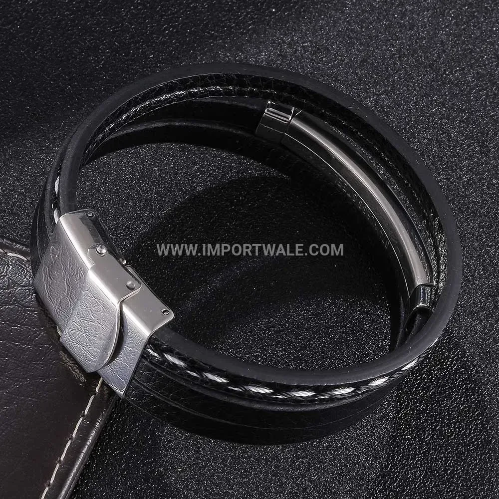 Minimalist Stainless Steel Leather Accent Men Bangle Bracelet
