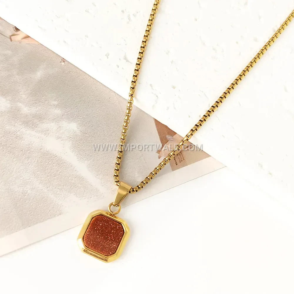 Square Gold Sandstone Rhinestone Encased Stainless Steel Necklace