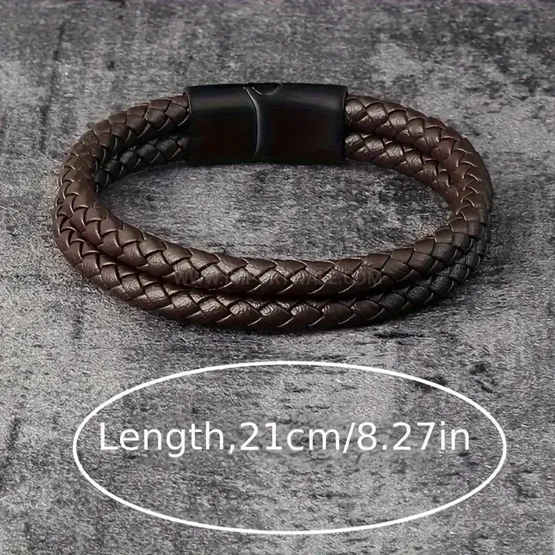 Trendy Double-Layer Braided Leather Wristband with Matte Hardware