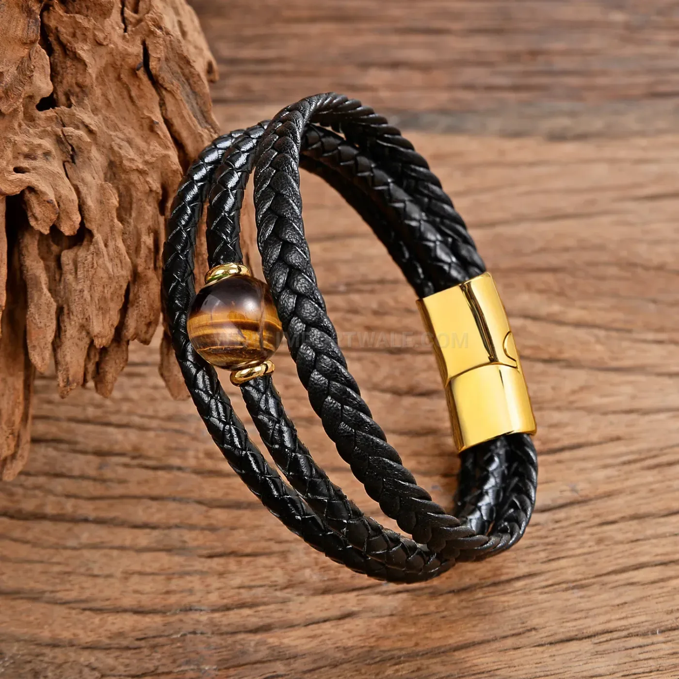 Multi Layer Woven Leather Natural Stone Bracelet Stainless Steel Magnetic Clasp