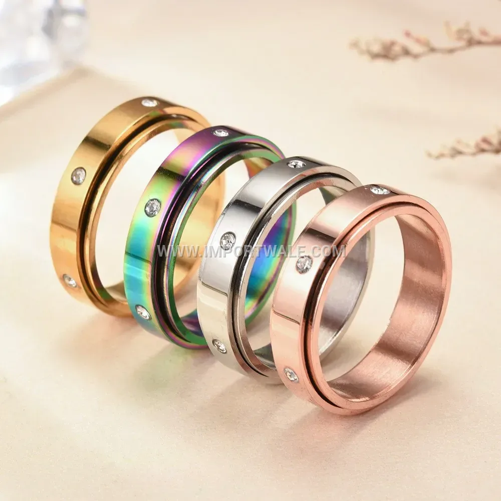 Stainless Steel Spinning Crystal Inlaid Band Ring