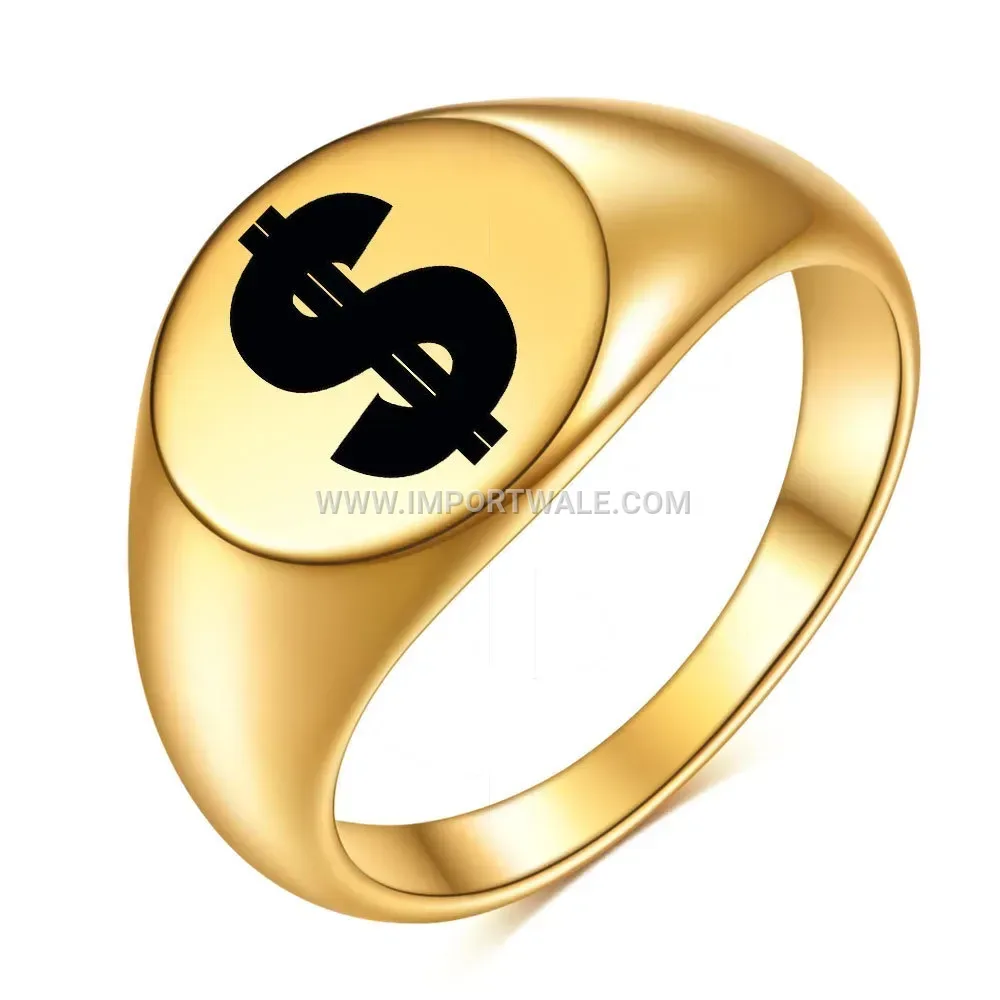 Laser Engraved Crown and Dollar Signet Ring