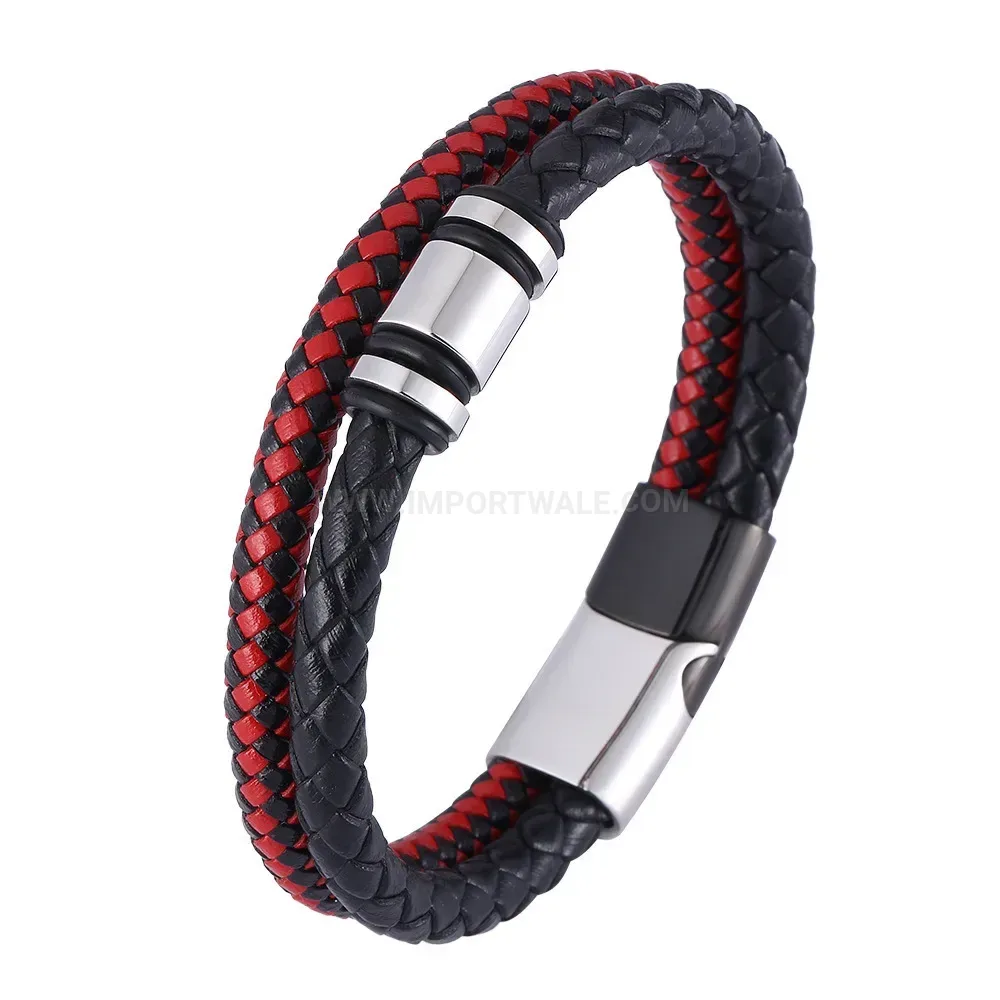 Dual Tone Braided Leather Bracelet with Magnetic Stainless Steel Clasp