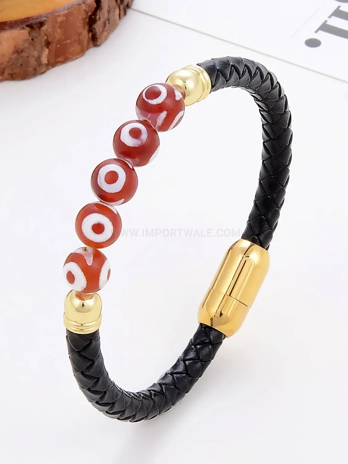 Braided Leather Natural Stone Beaded Wristband Stainless Steel Clasp