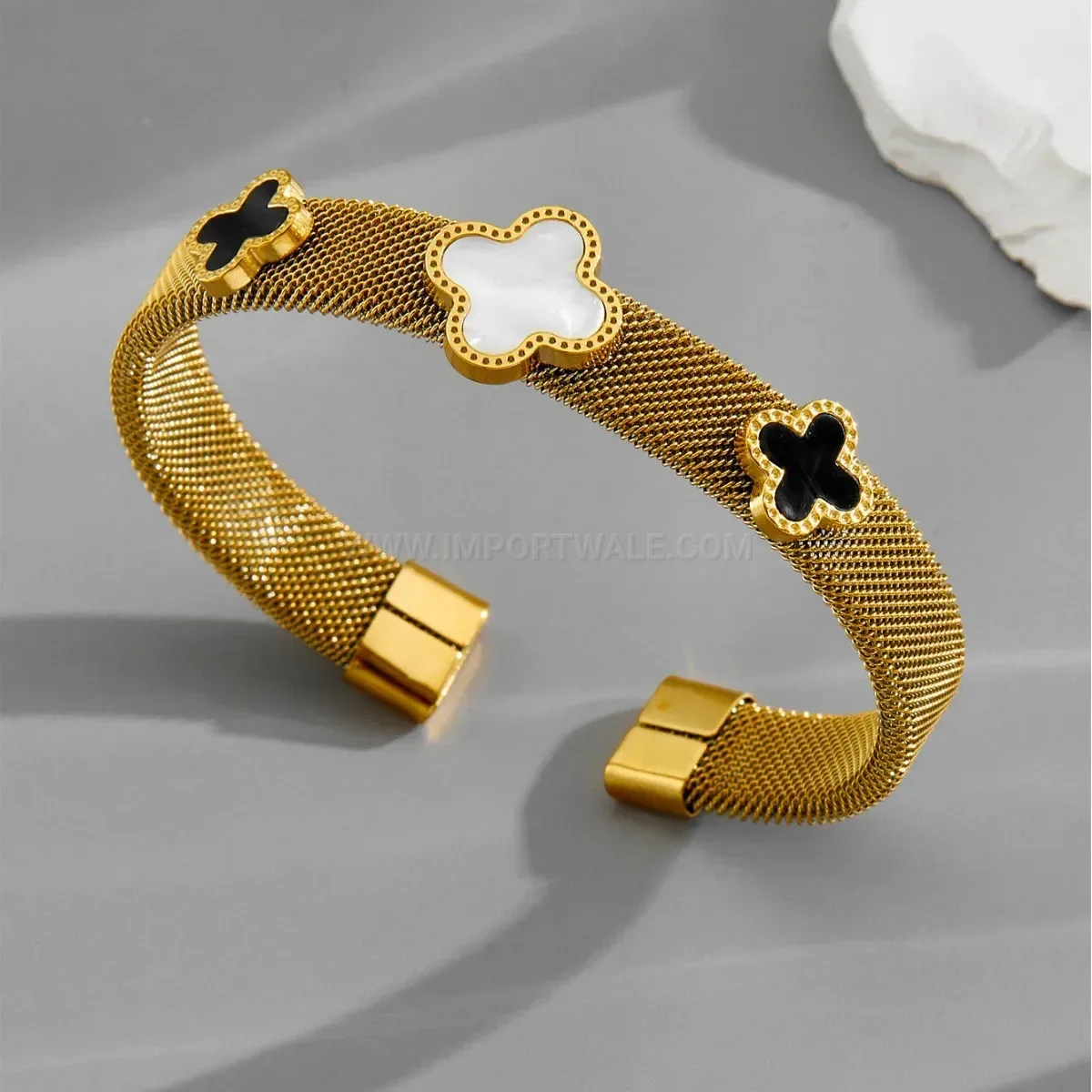 Open Cuff Four-Leaf Clover Stainless Steel Bangle Bracelet