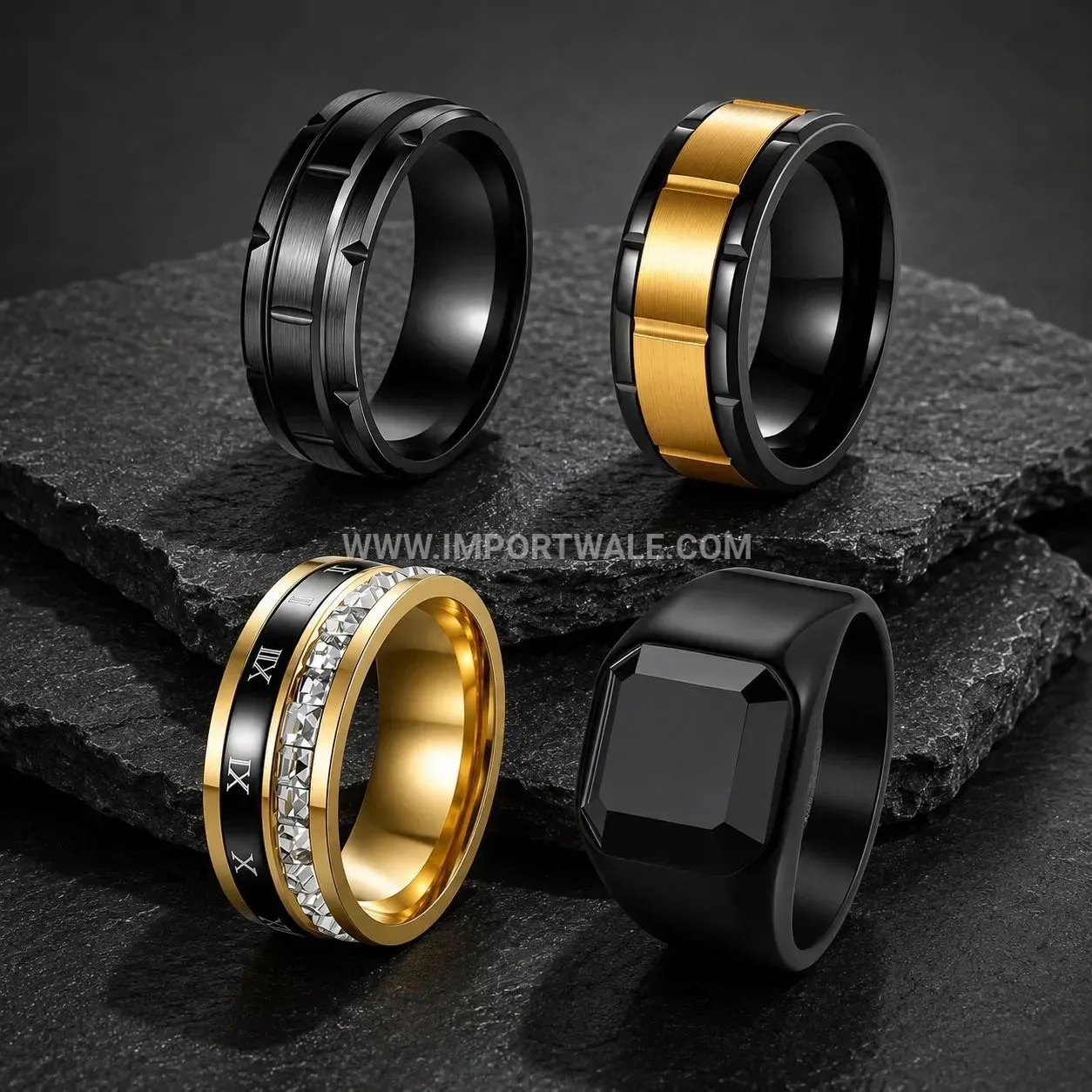 Roman Numeral Black Gemstone Stainless Steel Ring