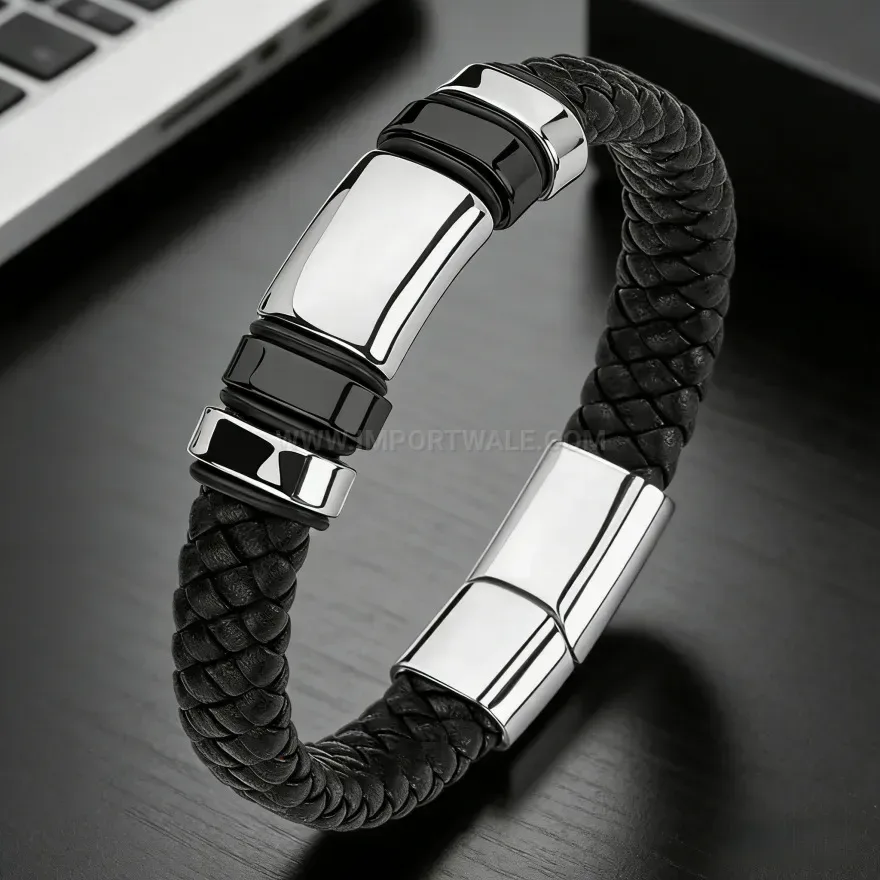 Fashion Braided Leather Business Bracelet With Alloy Magnetic Clasp