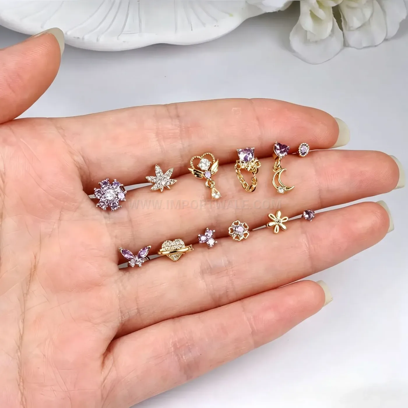 Modern Stainless Steel Curved Nose Stud Piercing with Purple Cubic Zirconia