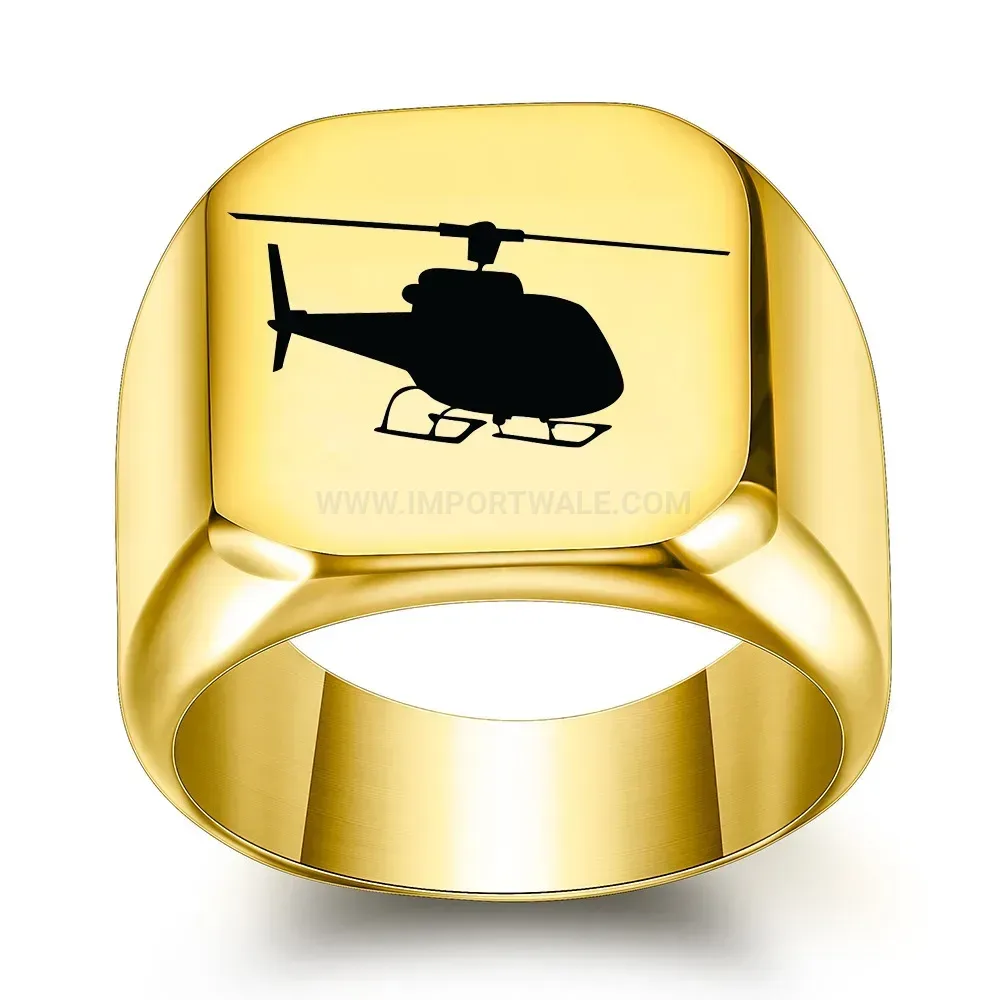Trendy Vintage Helicopter Engraved Square Stainless Steel Signet Ring