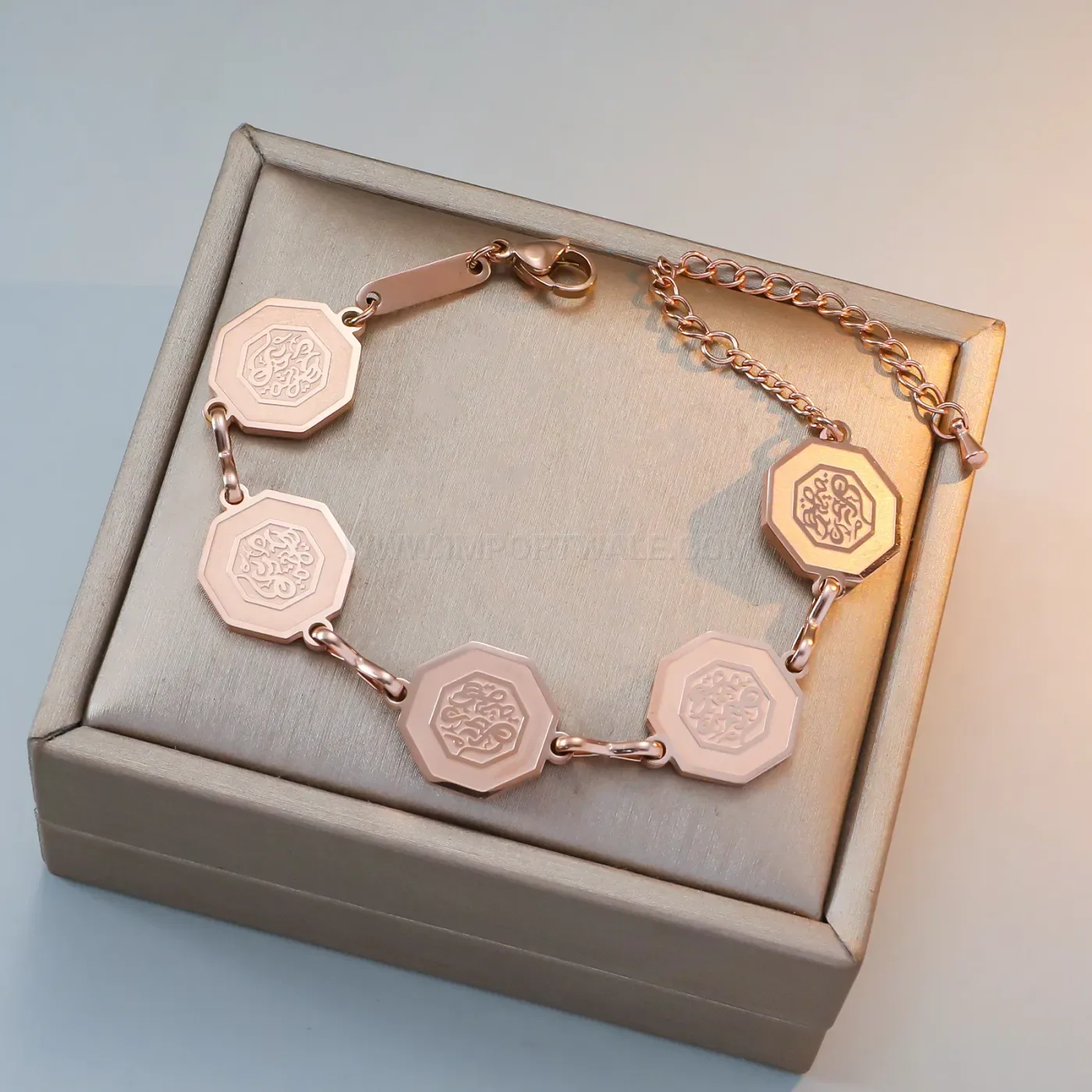 Octagonal Arabic Calligraphy Stainless Steel Gold Plated Bracelet