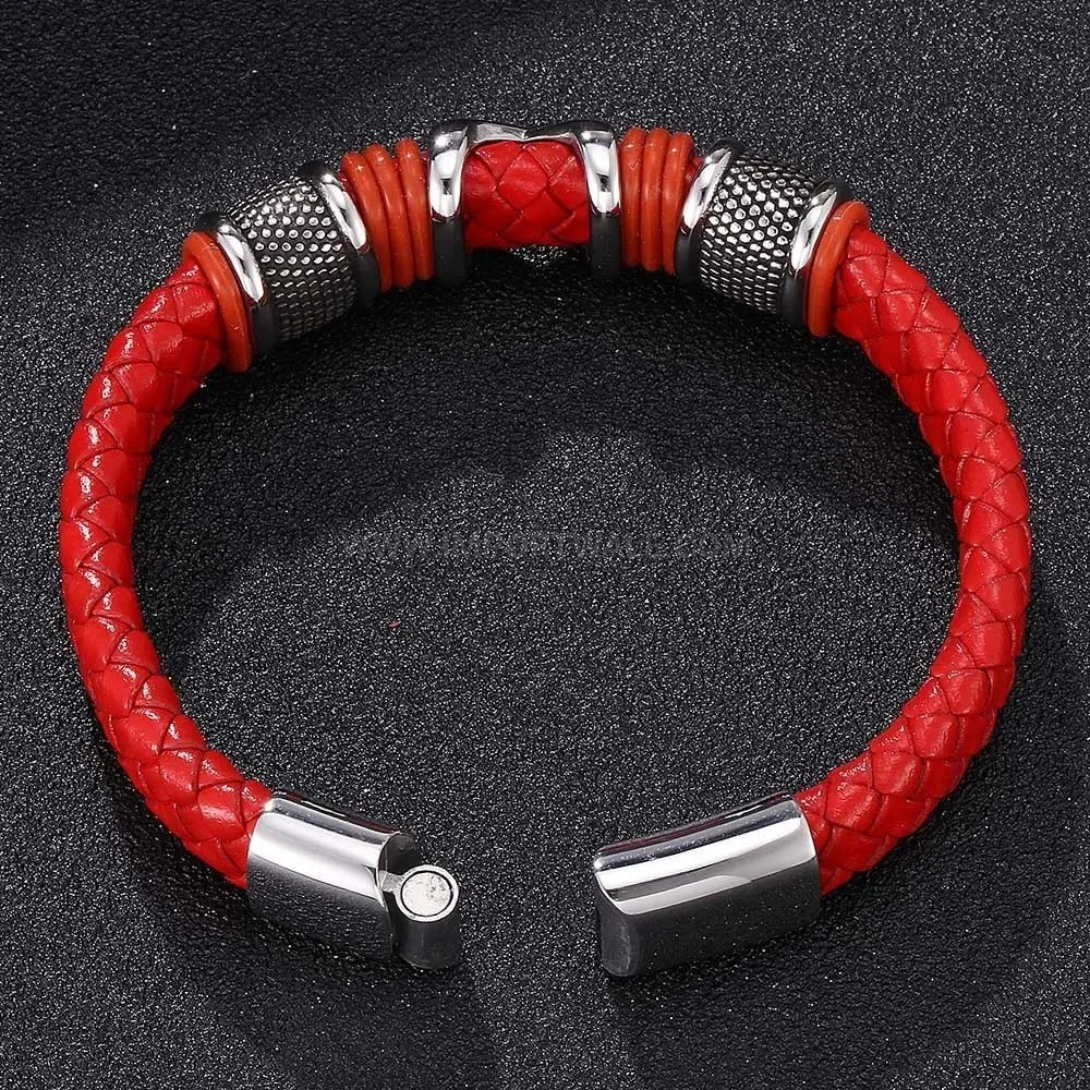 Double-Layer Patterned Leather Bracelet with Stainless Steel Magnetic Clasp