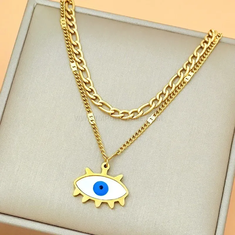 Chic Double Layered Gold Tone Titanium Steel Evil Eye Chain Necklace