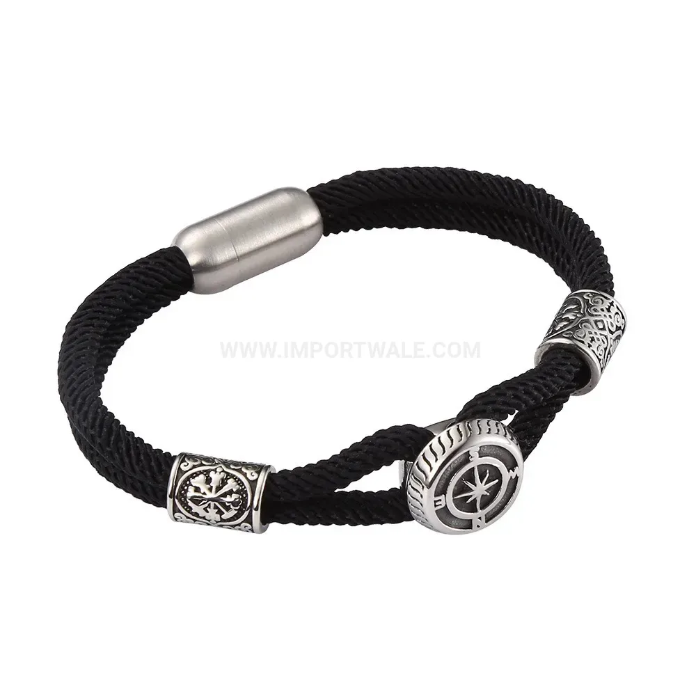 Dual-Strand Woven Leather Stainless Steel Viking Bracelet