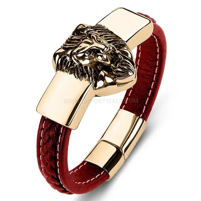 Classic Handcrafted Lion Emblem Leather and Stainless Steel Bracelet