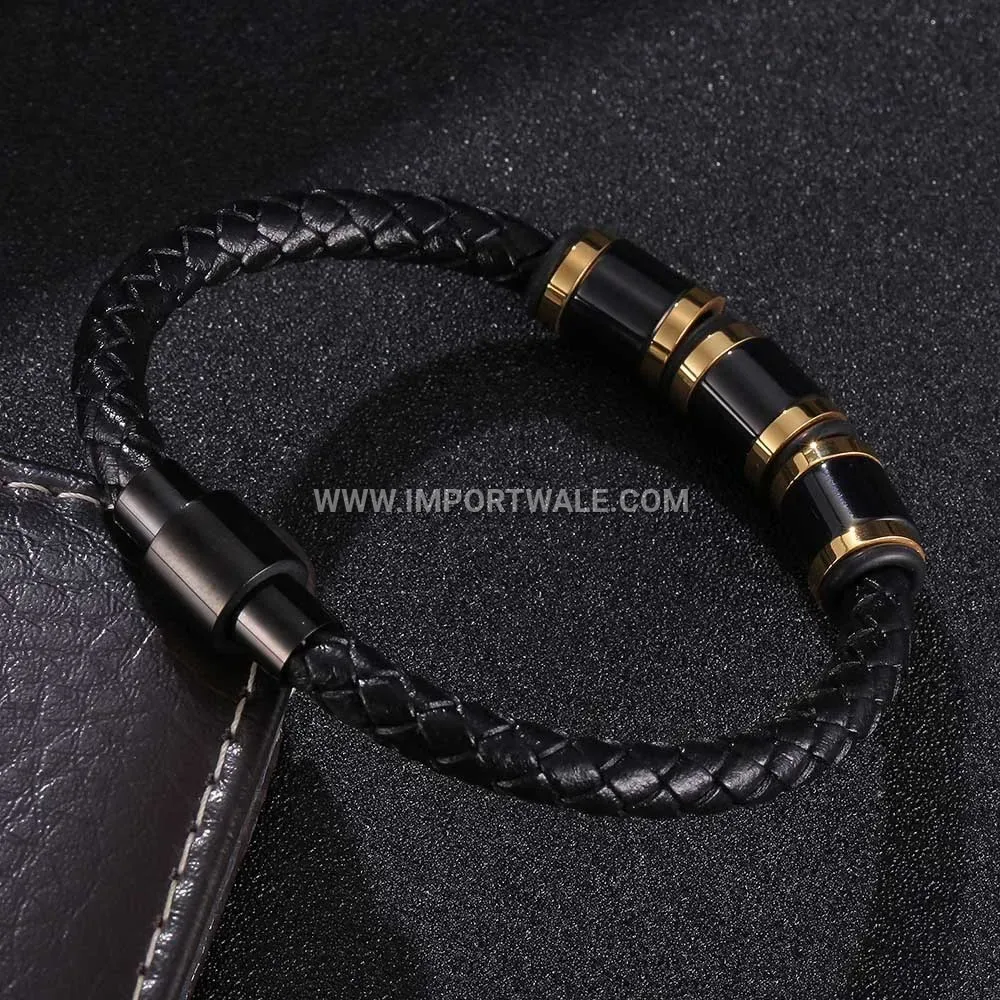 Geometric Stainless Steel and Leather Strap Wristband Bracelet