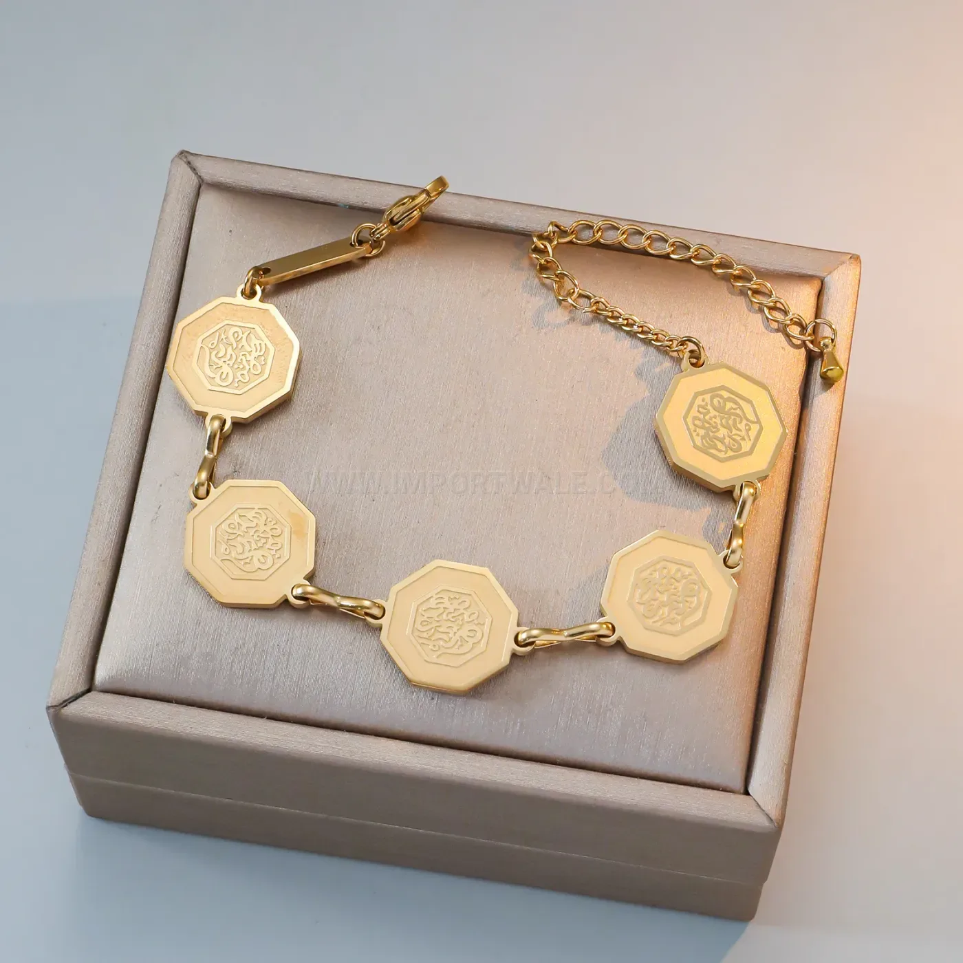 Octagonal Arabic Calligraphy Stainless Steel Gold Plated Bracelet