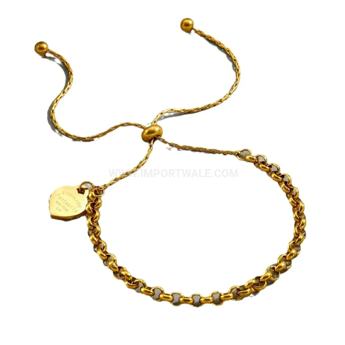 Adjustable Gold Heart Charm Titanium Steel Pearl Chain Bracelet