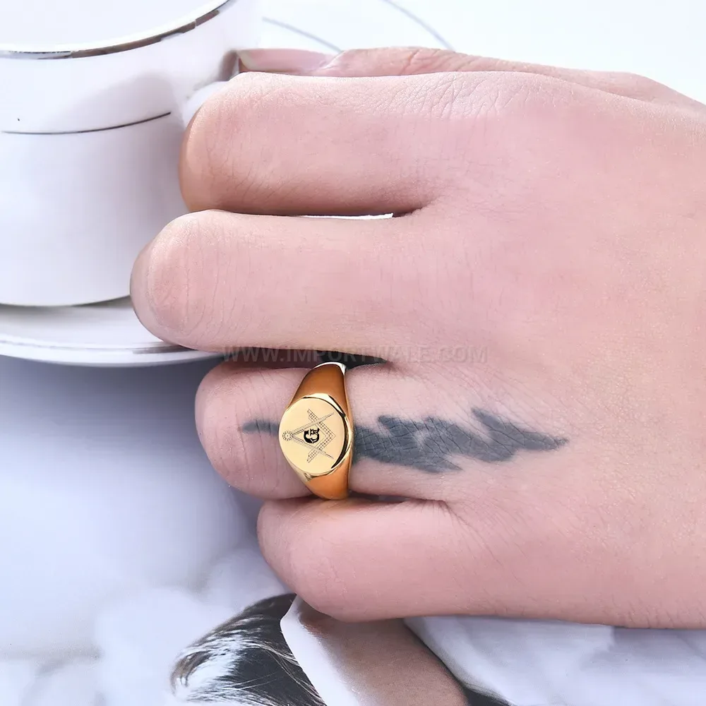 Bold Vintage Engraved Masonic Logo Stainless Steel Signet Ring
