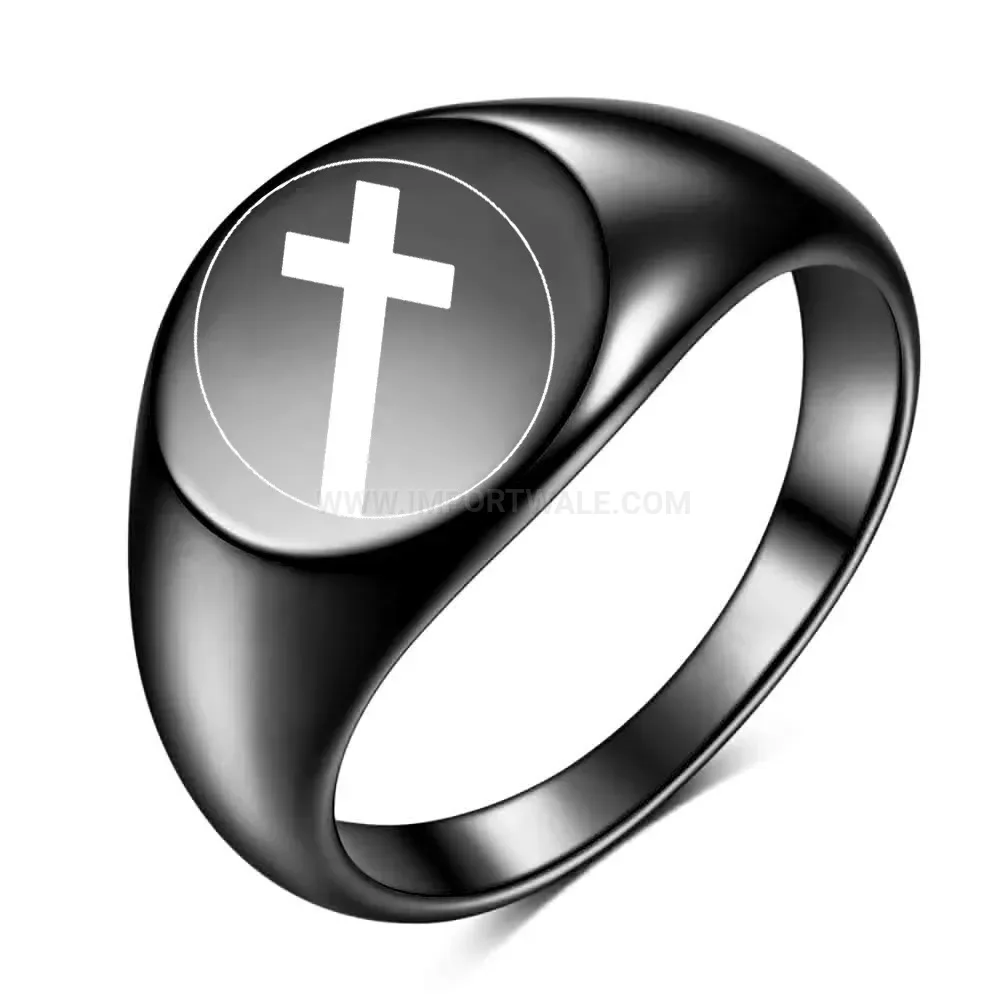 Modern Laser Engraved Cross Motif 12mm Stainless Steel Band Ring