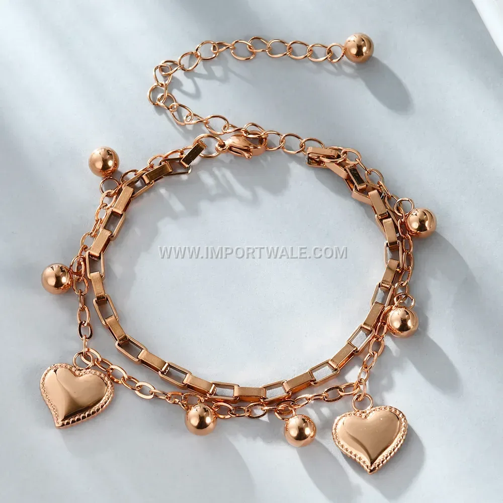 Multi Strand Heart Charm Bead Stainless Steel Bracelet