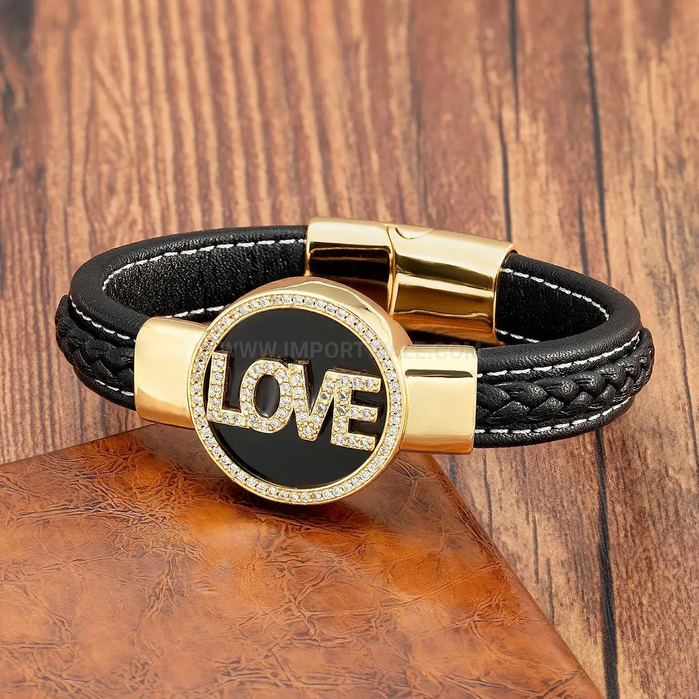 Minimalist Round Stone Leather Cord Stainless Steel Bracelet