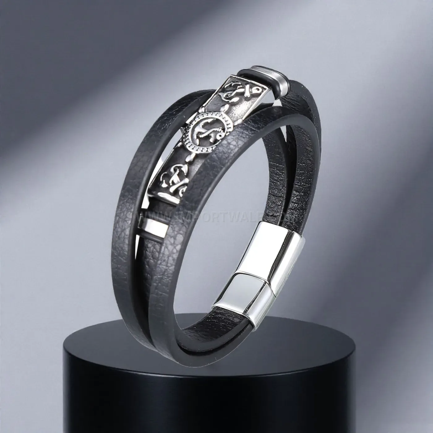 Anchor Motif Leather Bracelet with Stainless Steel Detail