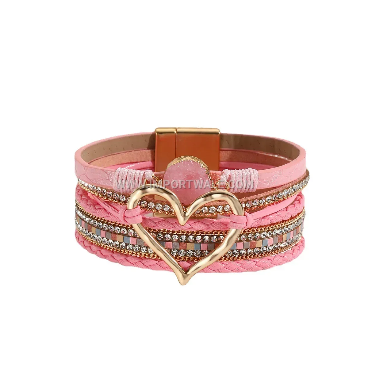 Boho Layered Leather Cord Cuff with Heart Charm