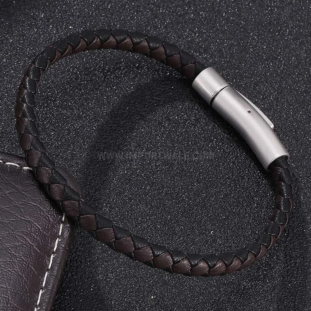 Two-Tone Braided Leather Cord Bracelet with Steel Buckle