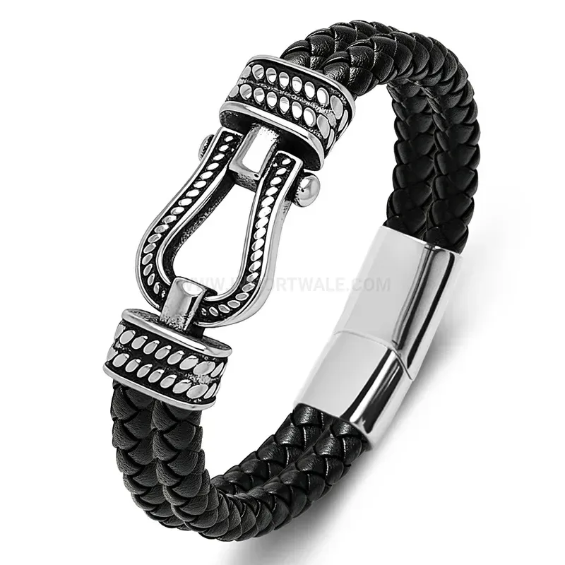 Elegant Dual Color Leather Horseshoe Clasp Stainless Steel Bracelet