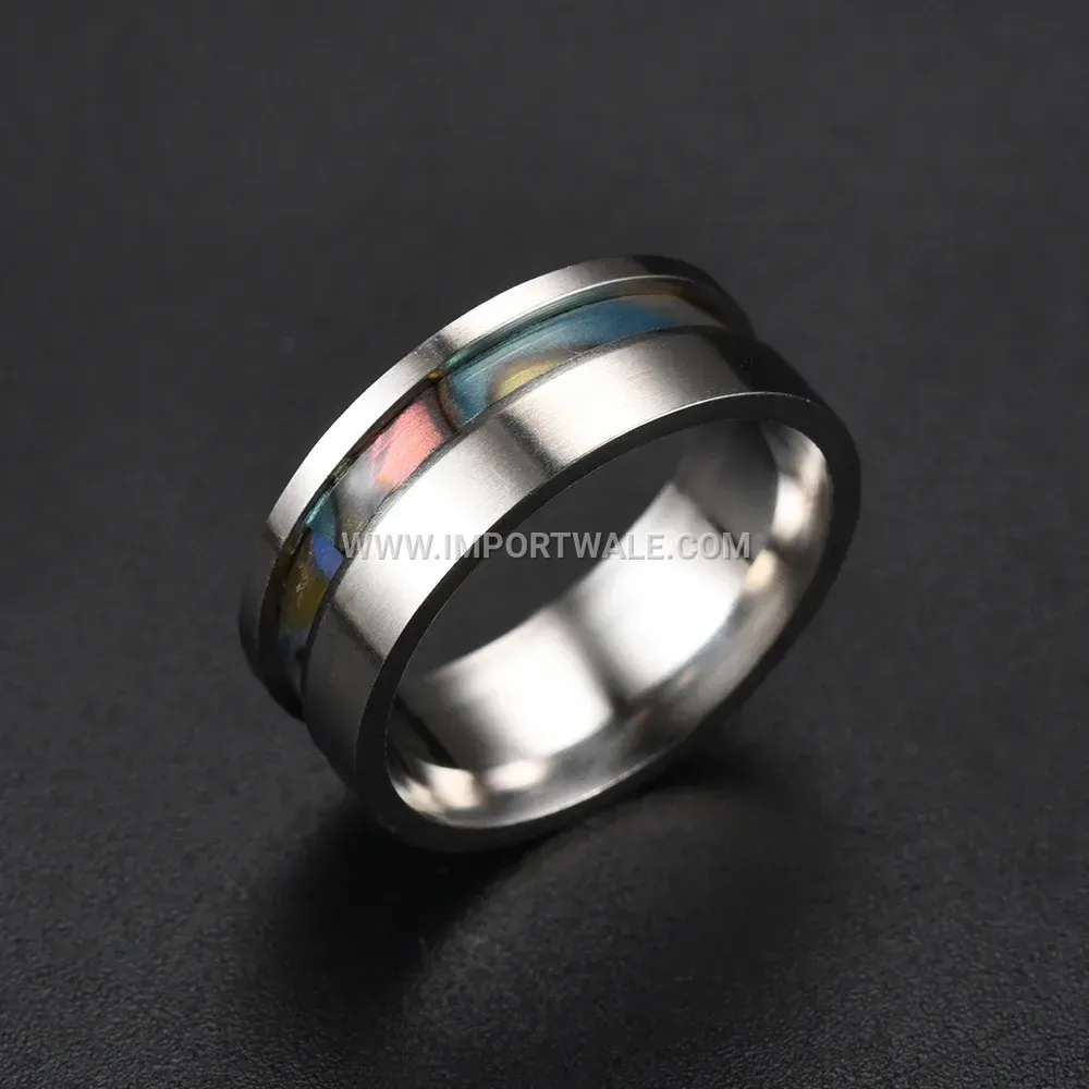Stainless Steel Grooved Inlay Ring with Iridescent Shell Motif