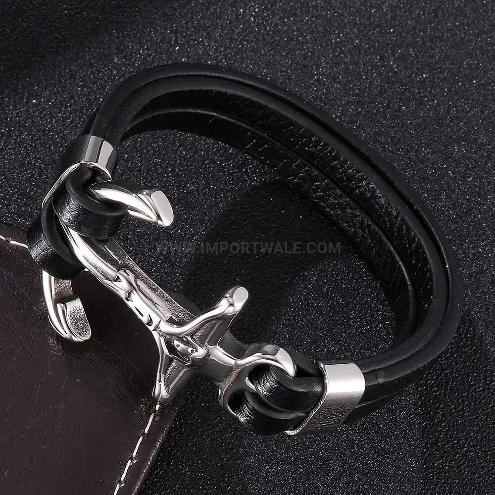 Bold Braided Leather Wristband with Vintage Stainless Steel Hook Charm