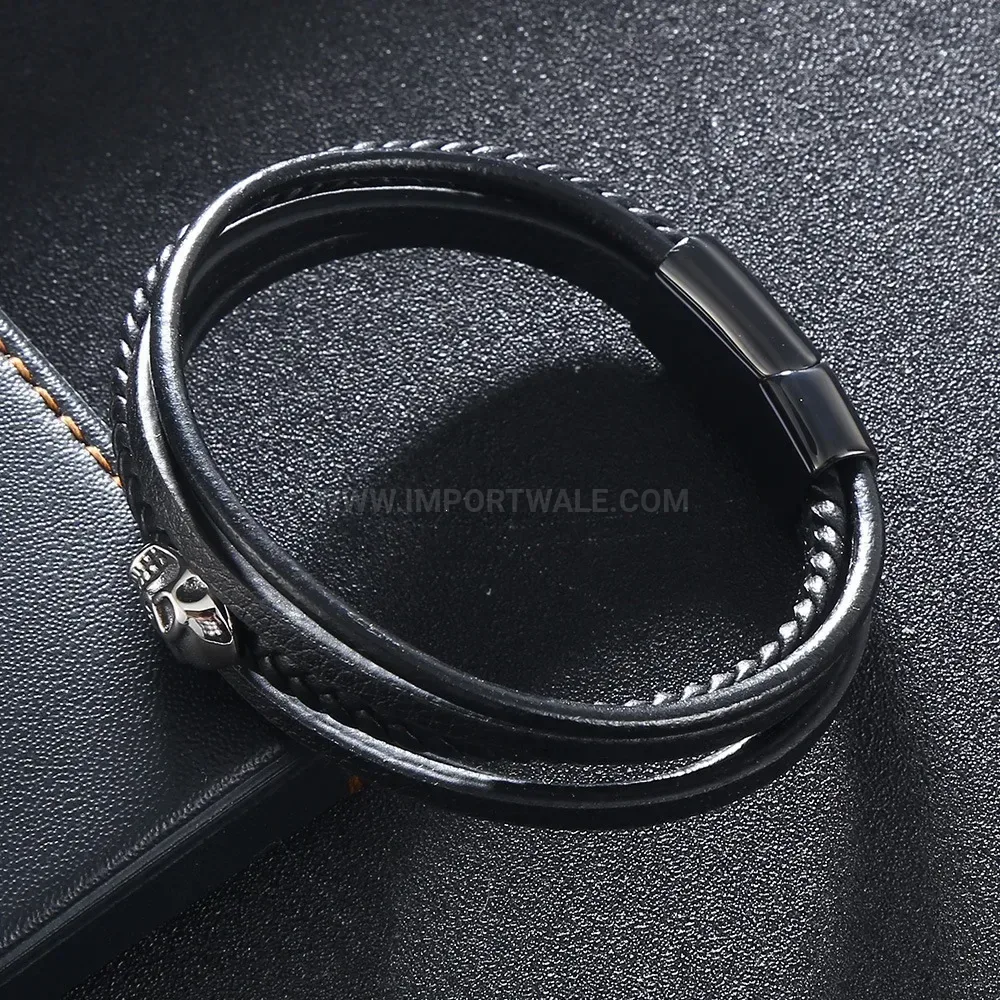 Punk Skull Black Leather Wristband with Stainless Steel Magnetic Clasp