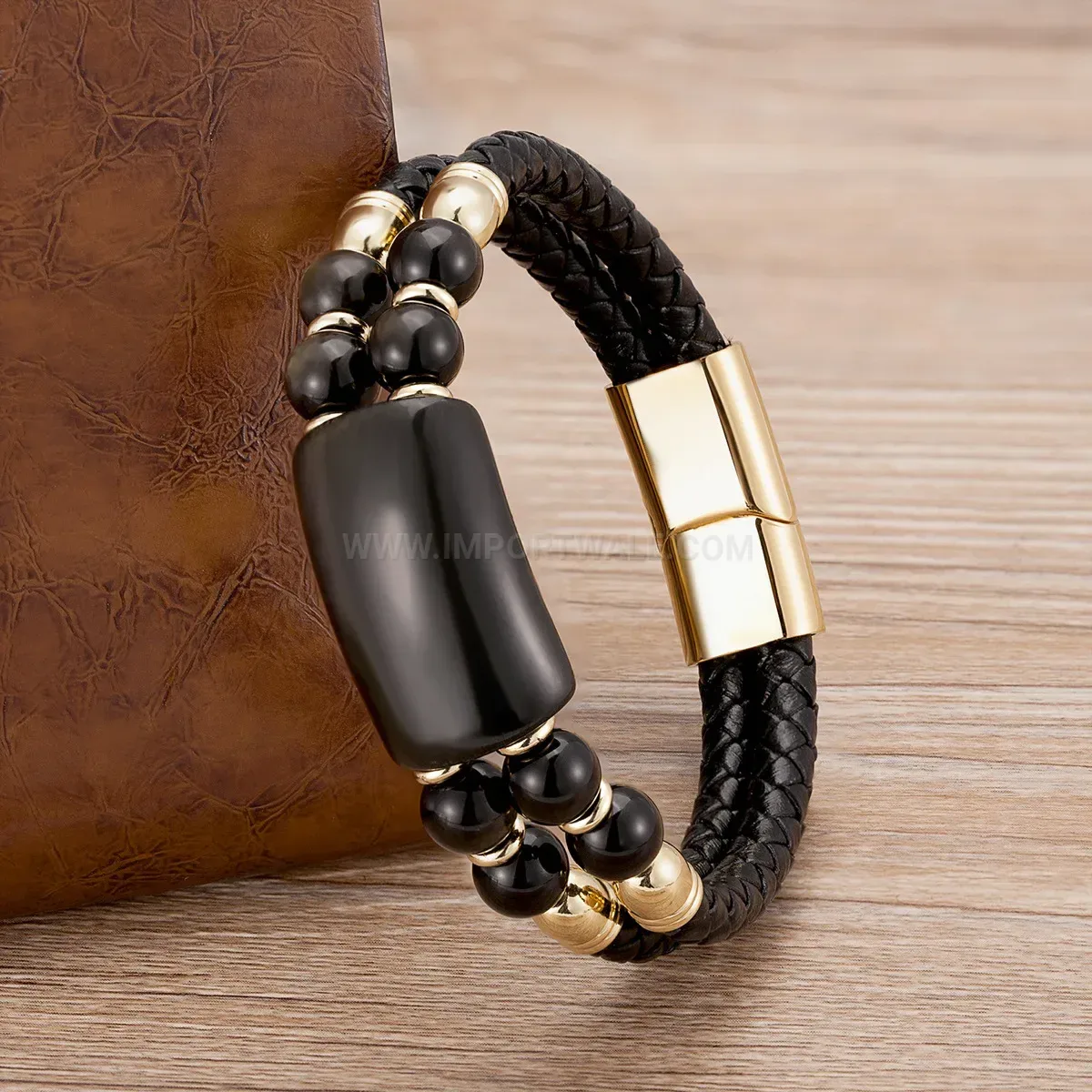 Double Strand Woven Leather Bracelet with Natural Stones