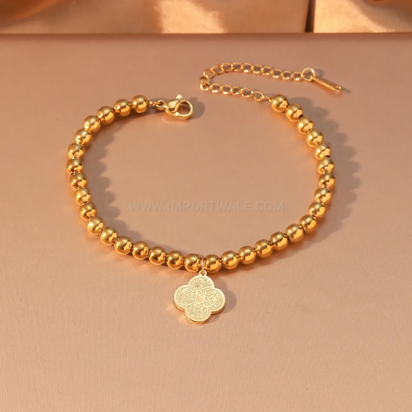 Islamic Ayatul Kursi Stainless Steel Beaded Clover Charm Bracelet