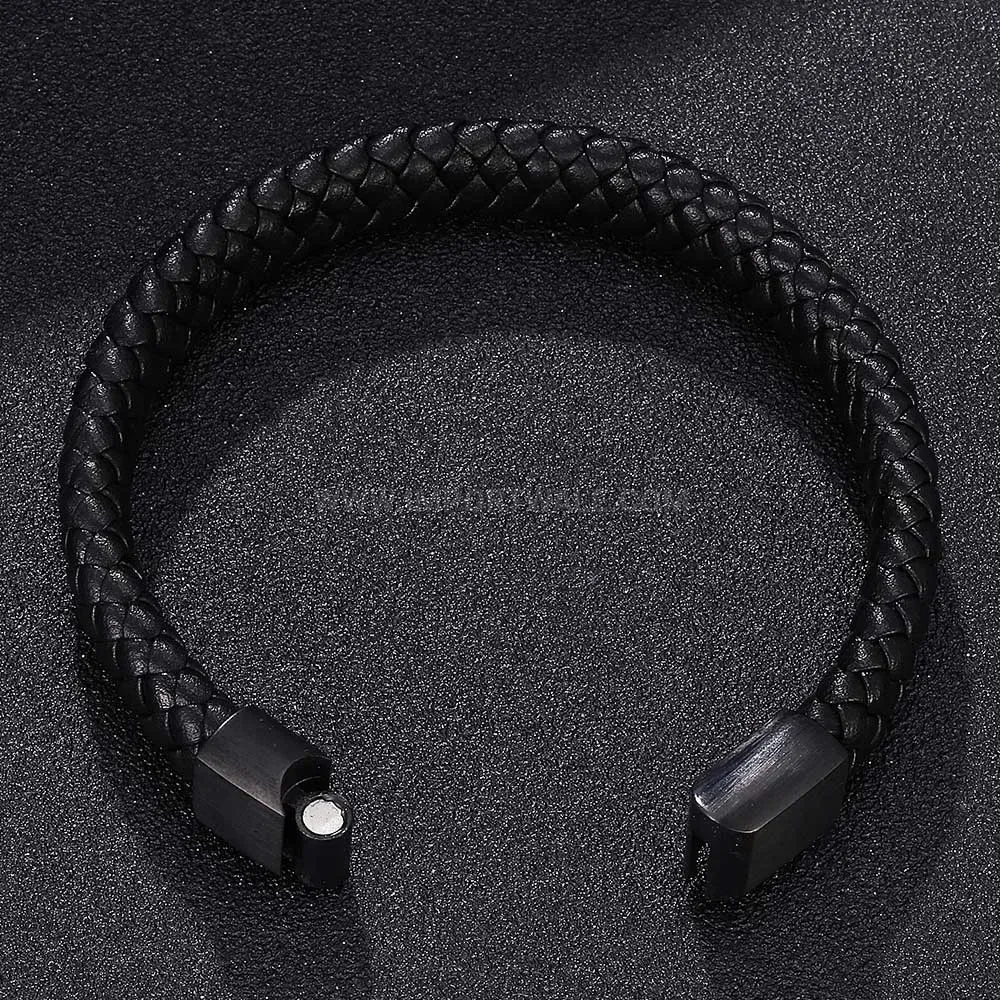 Brushed Stainless Steel Magnetic Braided Leather Bracelet