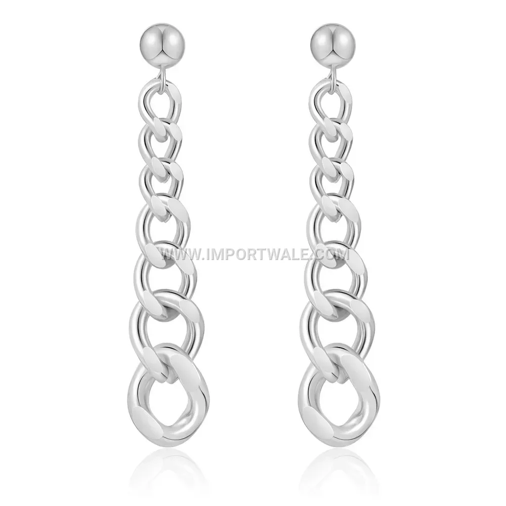 Long Stainless Steel Chain Dangle Earrings with Drop Accent