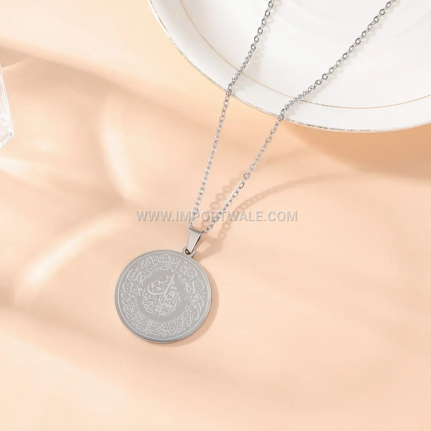 Classic Round Calligraphy Medallion Stainless Steel Necklace