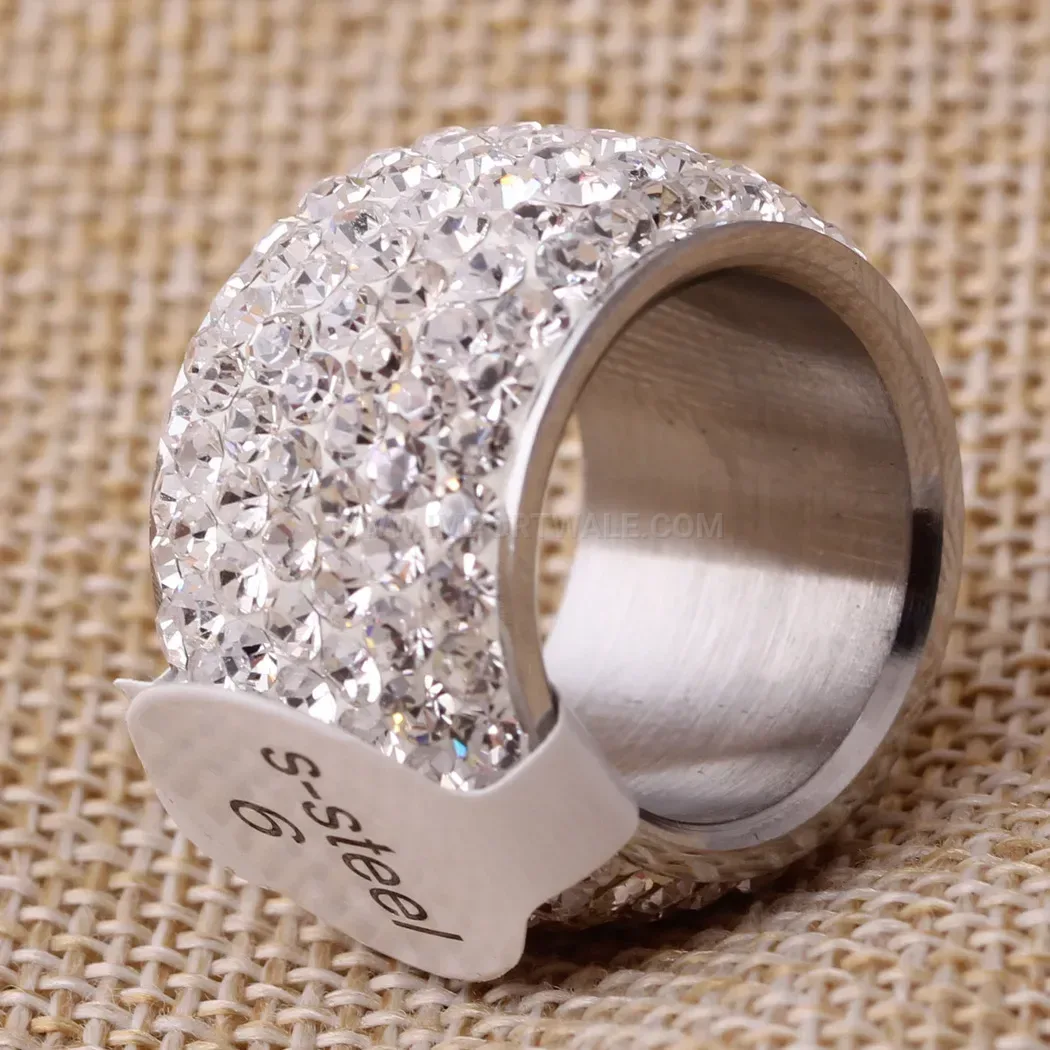 Seven Row Crystal Pave Stainless Steel Wide Ring
