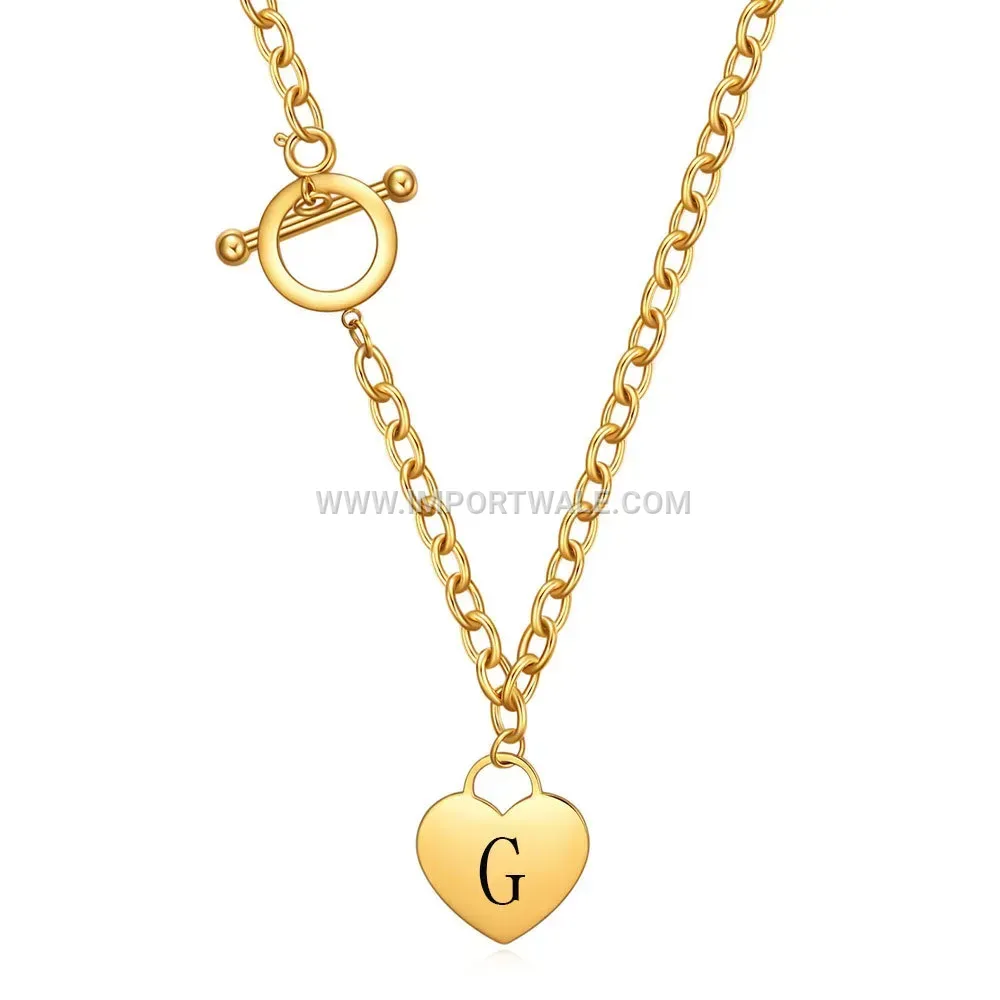 Engraved Initial Heart Pendant Toggle Necklace in Gold Plated Stainless Steel