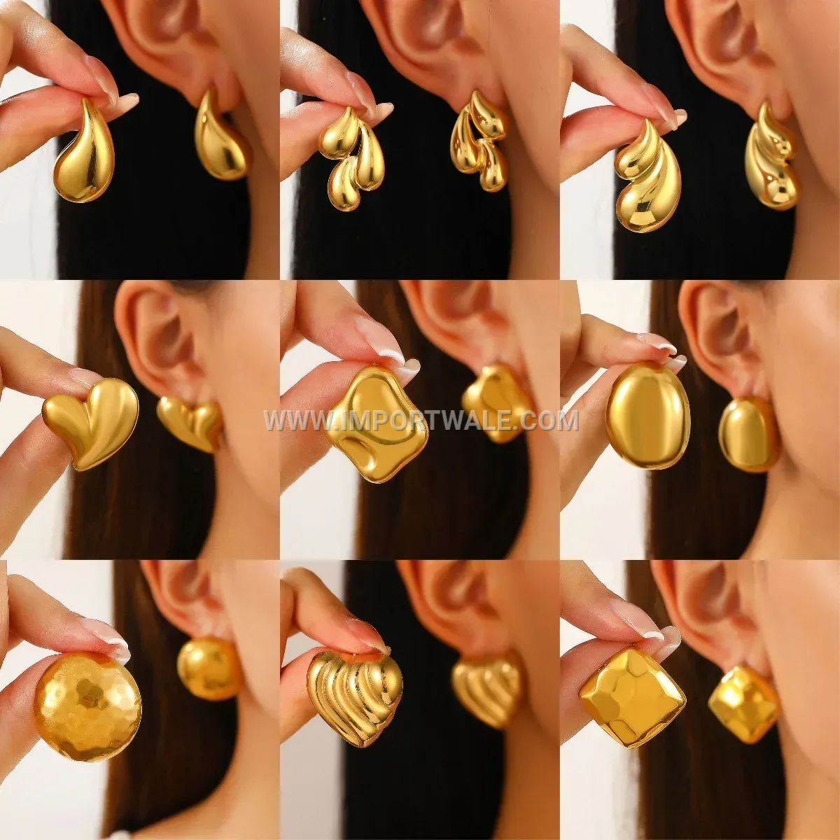 Textured Oval Heart Water Drop Gold Plated Titanium Steel Studs