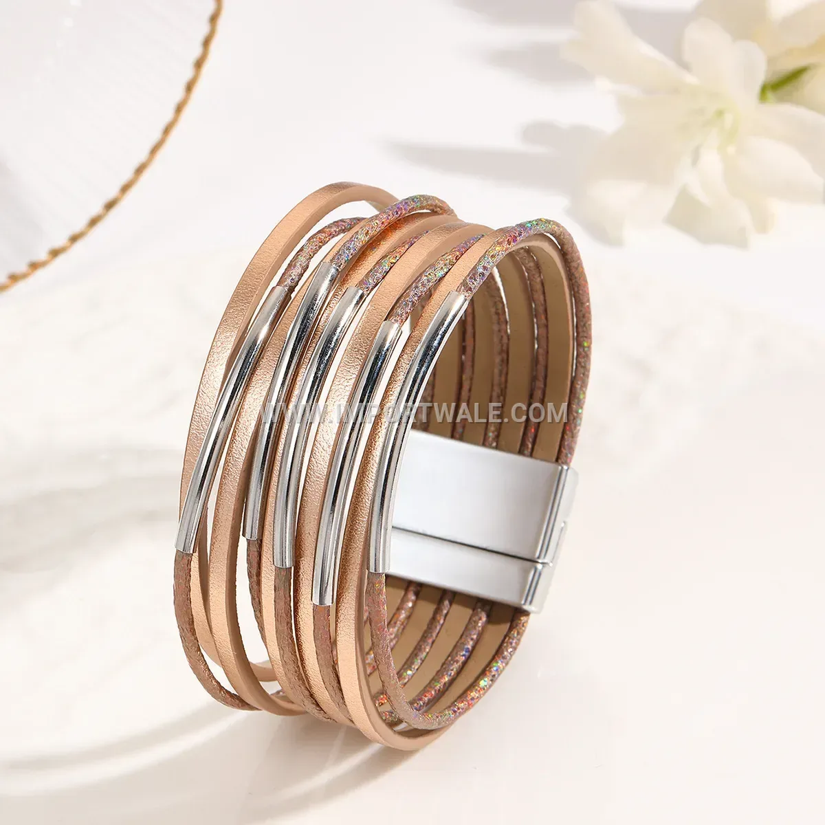 Multi-Strand Textured Leather Magnetic Clasp Wrap Bracelet