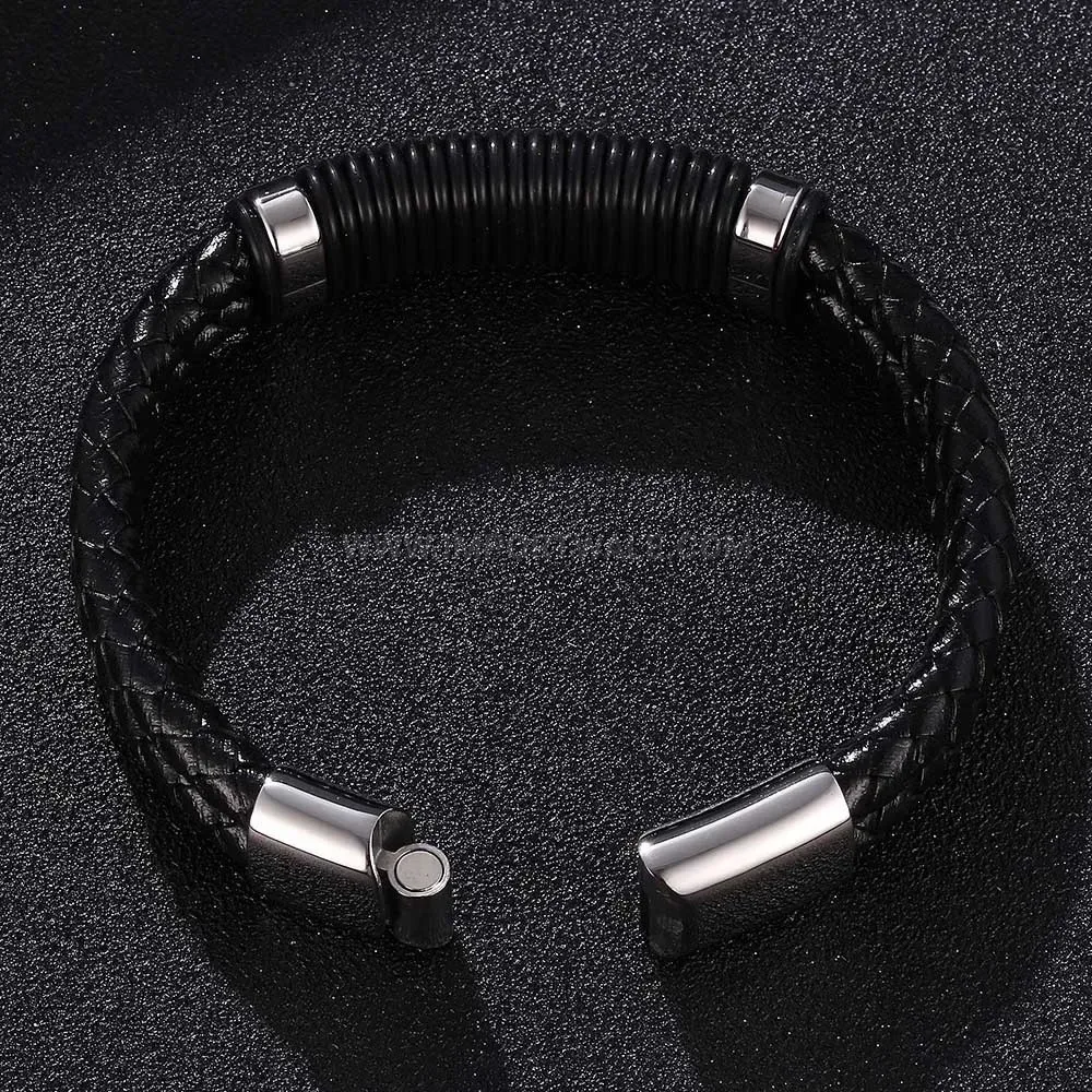 Dual Strand Braided Leather Bracelet with Stainless Steel Magnetic Lock