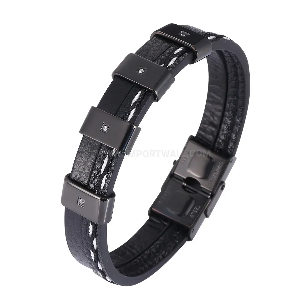 Multi-Layer Woven Leather Bracelet with Gemstone Titanium Accents
