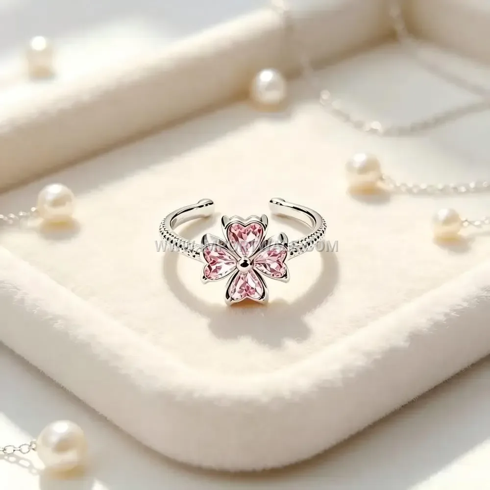 Floral Inlaid Zircon Open Adjustable Stainless Steel Ring