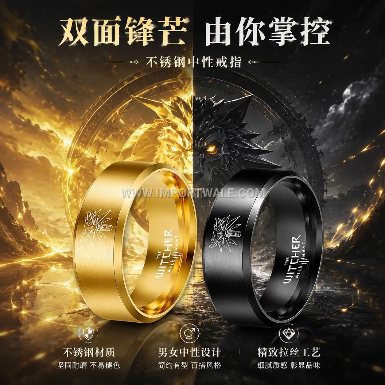 Two-Tone Stainless Steel Wolf Head Band Ring